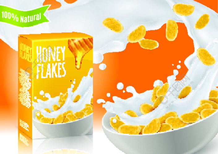与蜂蜜和牛奶现实构成的早餐谷物与在橙色背景传染媒介例证的产品广告